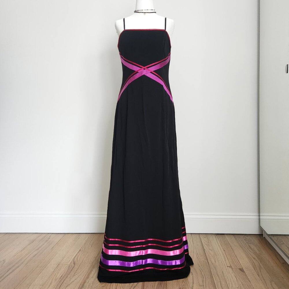 Vtg 90s Black‎ Evening Gown Sz 8 Corset Maxi Dress Satin Trim Goth Formal Papell